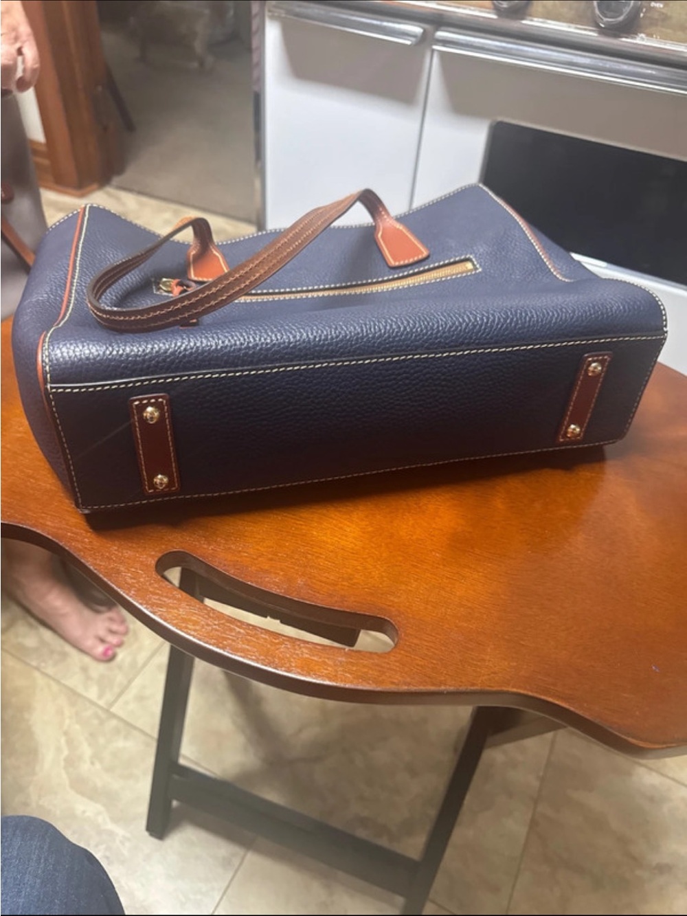 Dooney & Bourke Navy Pebbled Tote with Brown Trim - Picture 3 of 5